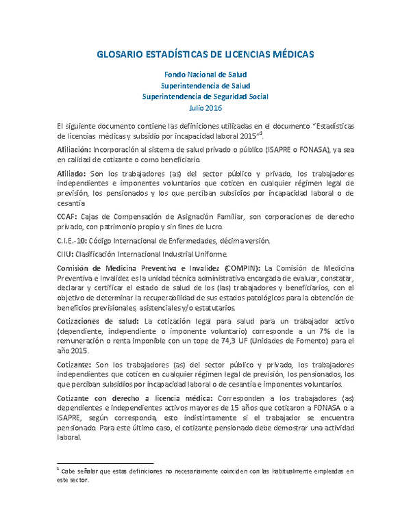 Glosario estadísticas de licencias médicas 2015