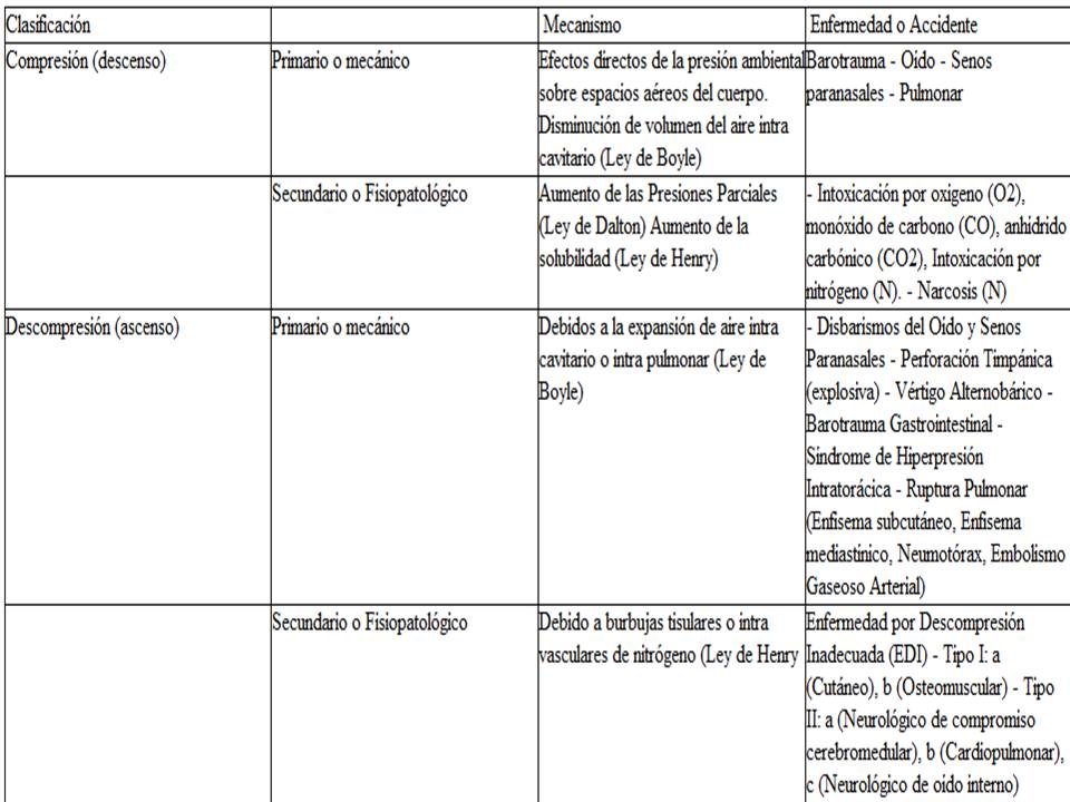 Clasificación y mecanismo de las principales patologías que pueden ser producidas por el buceo Clasificación y mecanismo de las principales patologías que pueden ser producidas por el buceo