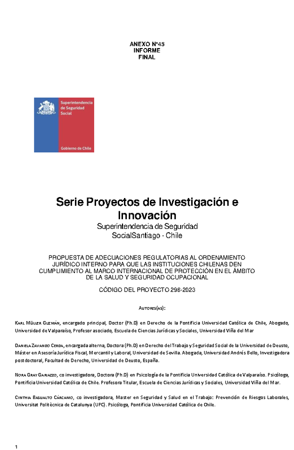 Propuesta de adecuaciones regulatorias al ordenamiento jurídico interno para que las instituciones chilenas den cumplimiento al marco internacional de protección en el ámbito de la salud y seguridad ocupacional