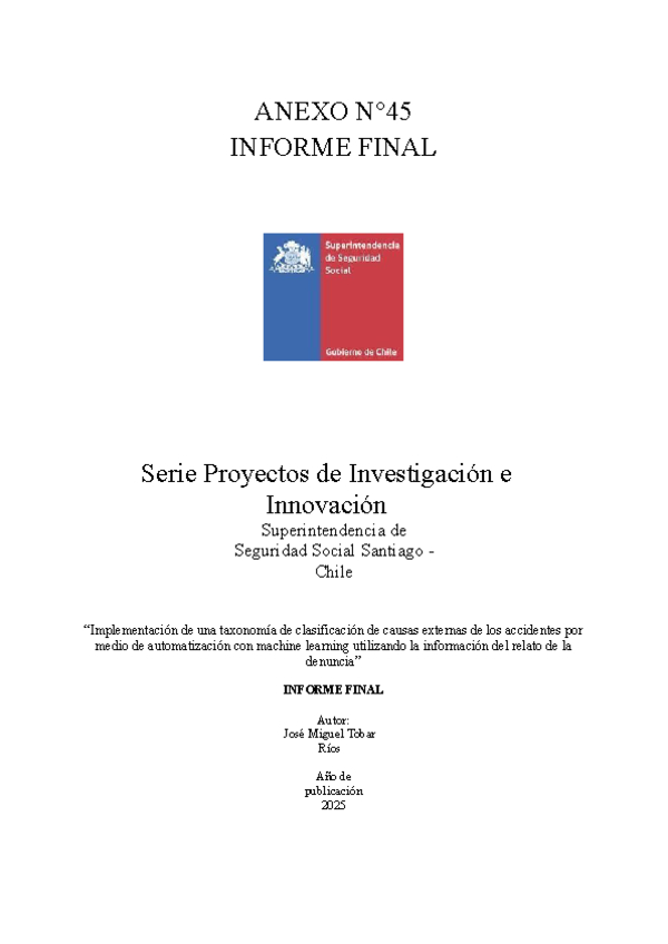 Implementación de una taxonomía de clasificación de causas externas de los accidentes por medio de automatización con machine learning utilizando la información del relato de la denuncia